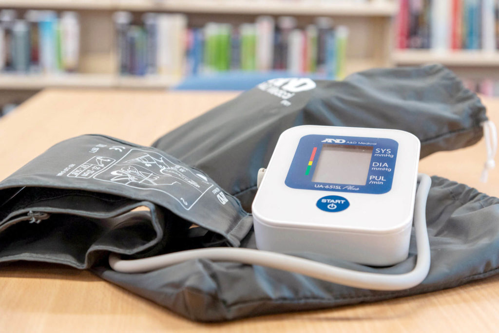Blood pressure monitor loan kit available through Somerton Library, including a digital monitor, arm cuff and carry case as part of the library's health and wellbeing services.