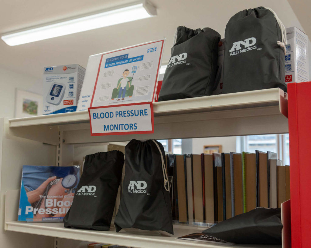 Blood pressure monitor loan kits available at Street Library, with digital blood pressure monitors, information guides and equipment ready for customers to borrow as part of the library's health and wellbeing services.