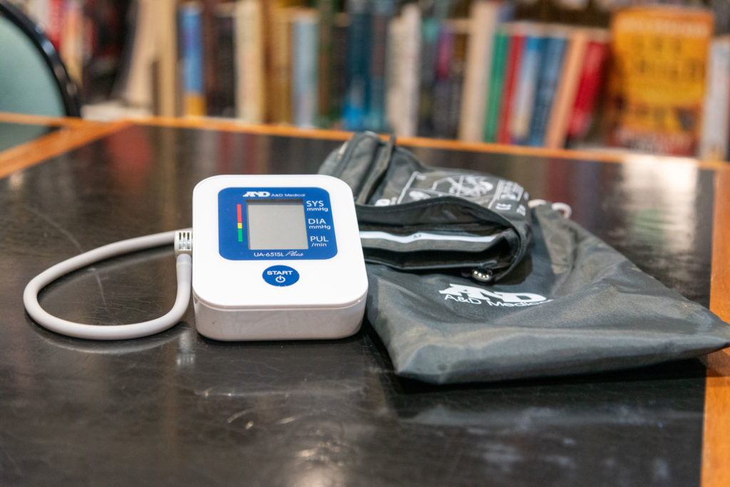 Blood pressure monitor loan kit available through North Petherton Library, including a digital monitor, arm cuff and protective carry case.