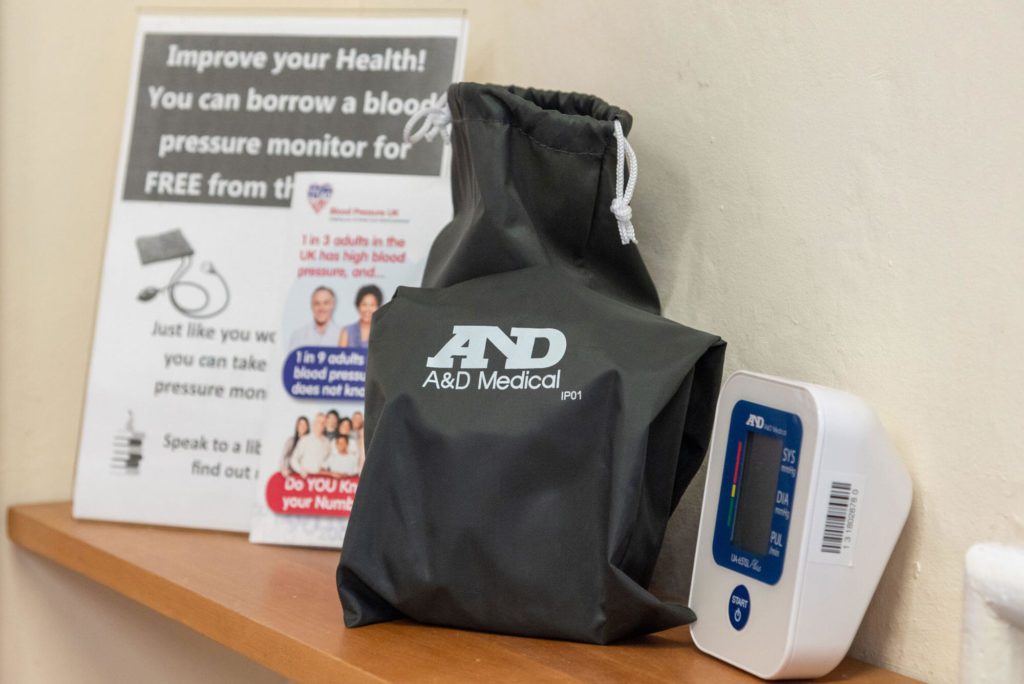Blood pressure monitor loan kit available through Porlock Library, including a digital monitor, carry case and information about borrowing health and wellbeing equipment.