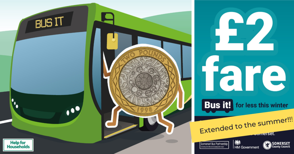 Illustration of a 2 pound coin getting onto a Somerset bus with the caption 