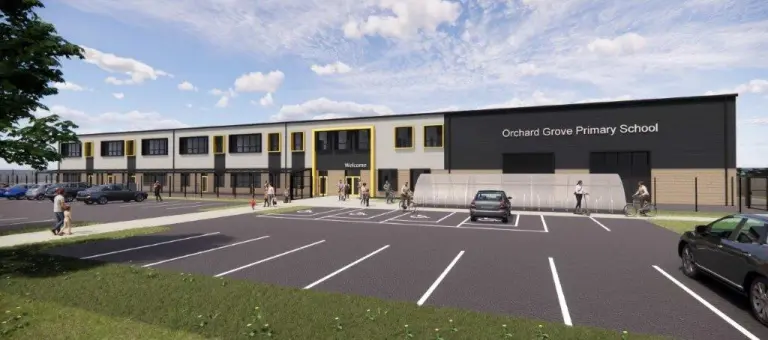 Artist rendering of the outside of the new Orchard Grove Primary School