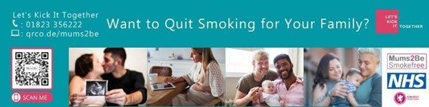 Banner image that says want to quit smoking for your family? Lets kick it together call 01823356222