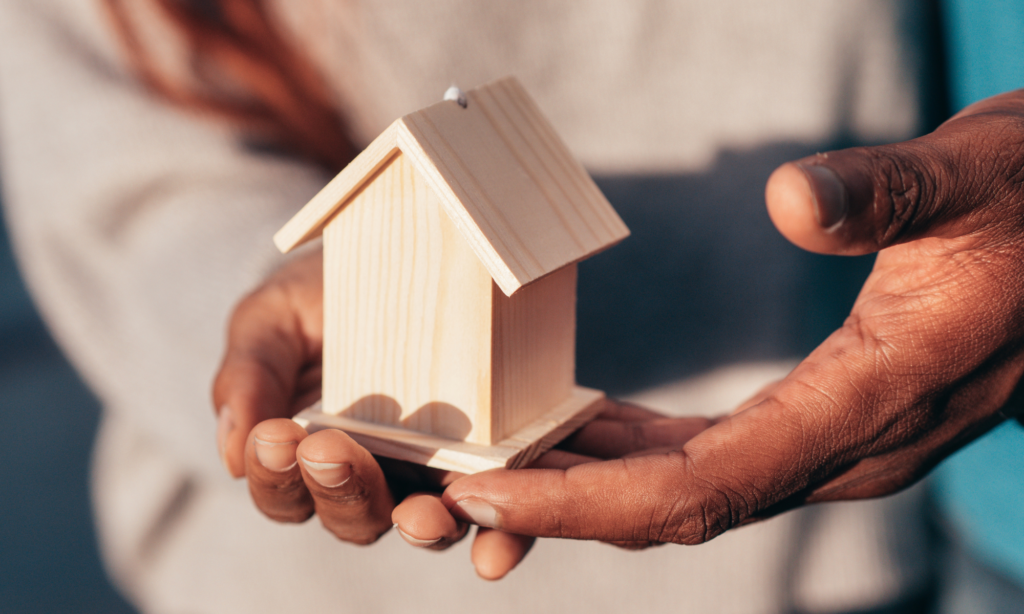 Picture of 2 people holding a wooden house