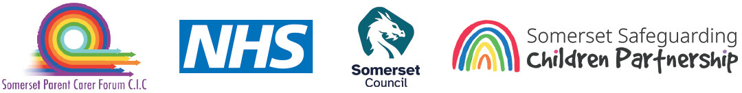 Logos for Somerset parent carer forum, NHS, Somerset council and Somerset safeguarding children partnership