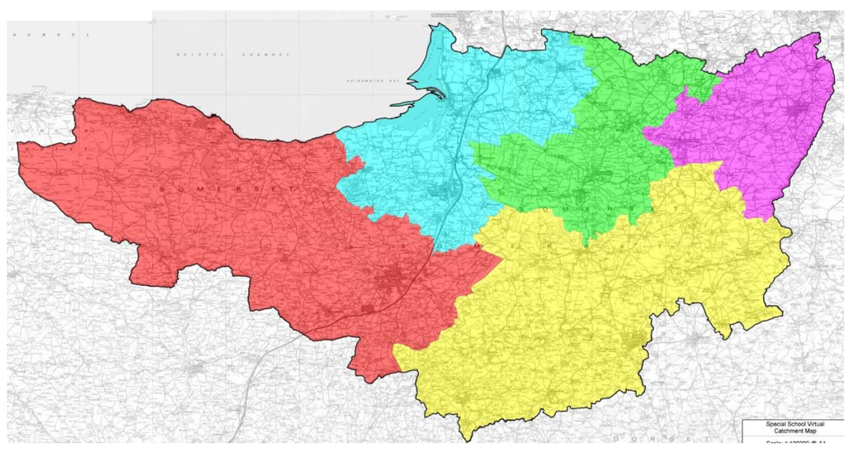 A map showing Somerset catchment areas. Taunton and West Somerset are marked in red, Sedgemoor is marked in blue, Central Somerset is marked in green, Mendip is marked in purple, South Somerset is marked in yellow.