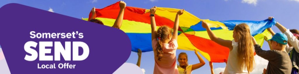 SEND Local Offer Banner with young people playing in a circle with rainbow flag