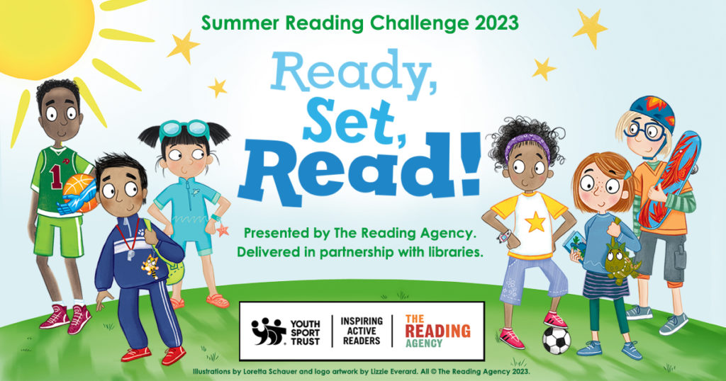 Poster for the Summer Reading Challenge 2023. Ready, set, read! Presented by The reading Agency. Delivered in partnership with libraries. Logo's for the Youth Sport Trust, Inspiring Active Reads and The Reading Agency.