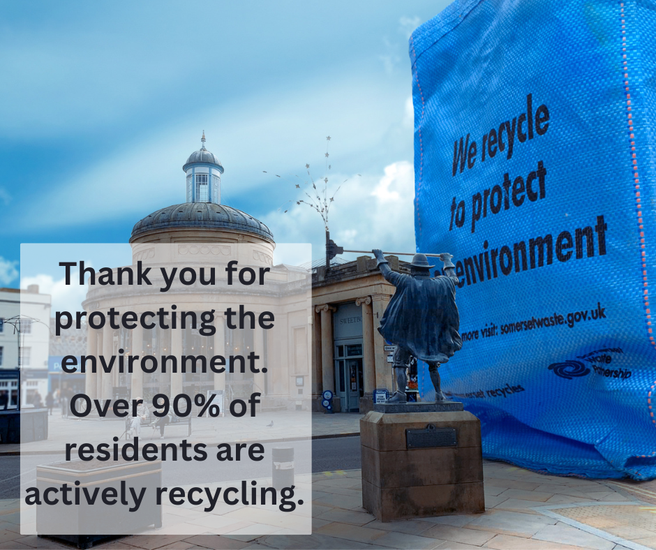 An image of an over sized bright blue recycling bag in bridgwater town.