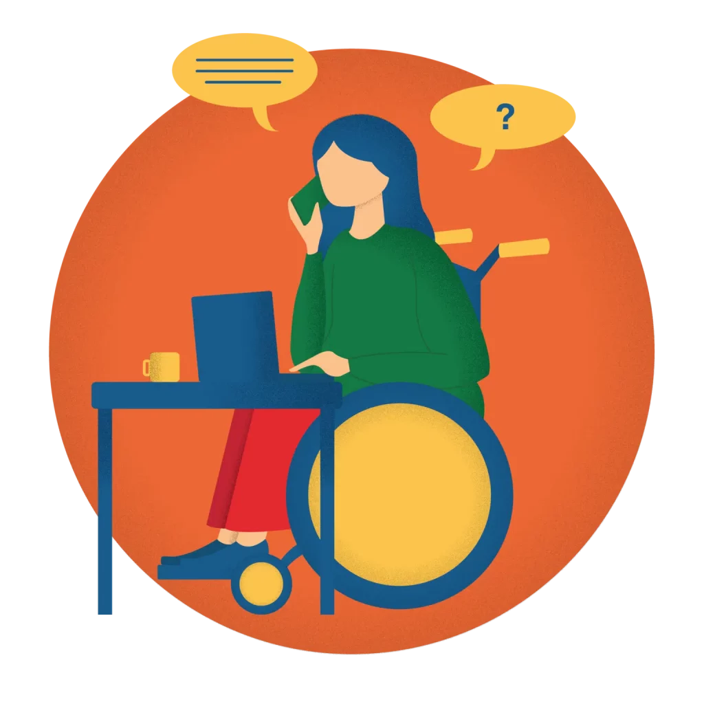 WECIL graphic showing wheelchair user asking questions
