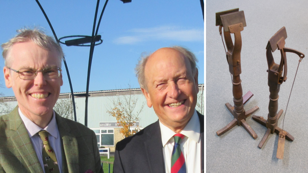 Joseph Lewis, Heritage Coordinator at Somerset Council (left) and Charlie Ross, Bargain Hunt presenter (right) and Gloving donkeys featured on Bargain Hunt as 'mystery item'