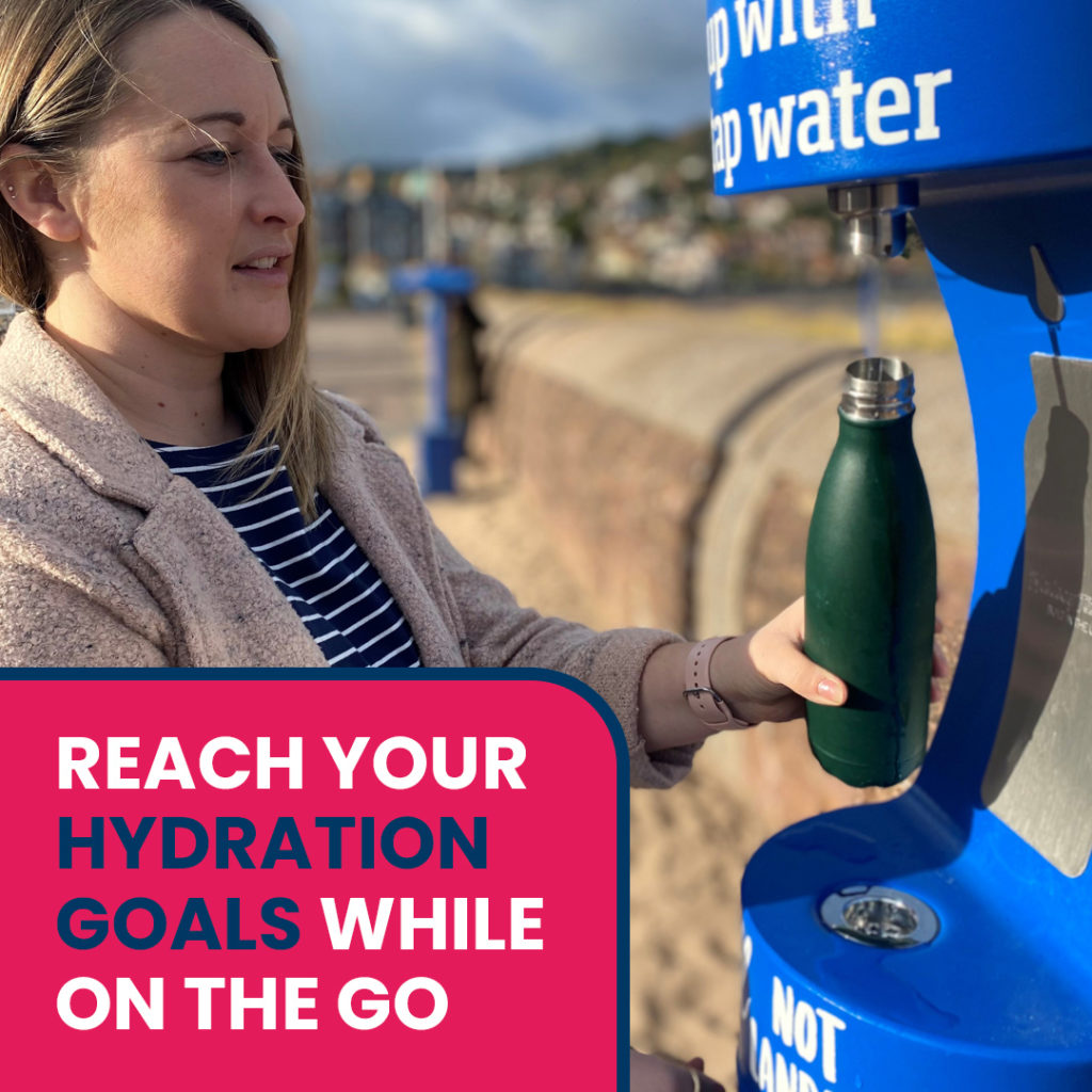 A lady refilling a water bottle at a public refill point. Caption reads: Reach your hydration goals on the go