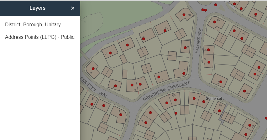 A map describing how to use address points for the Land Charges Register in South Somerset