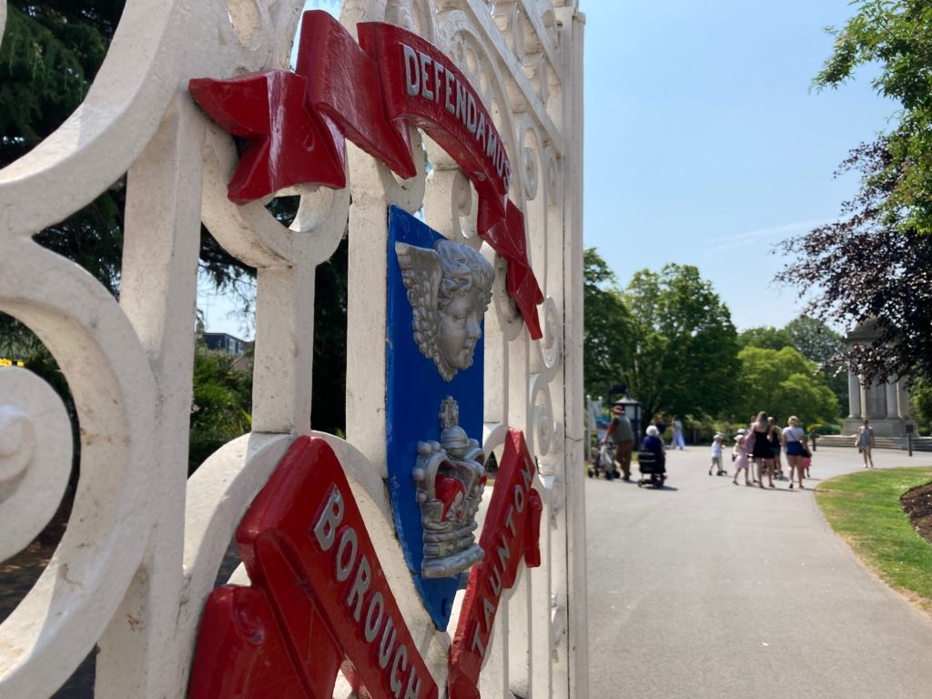 The view of Vivary Park in Taunton from the main gates.