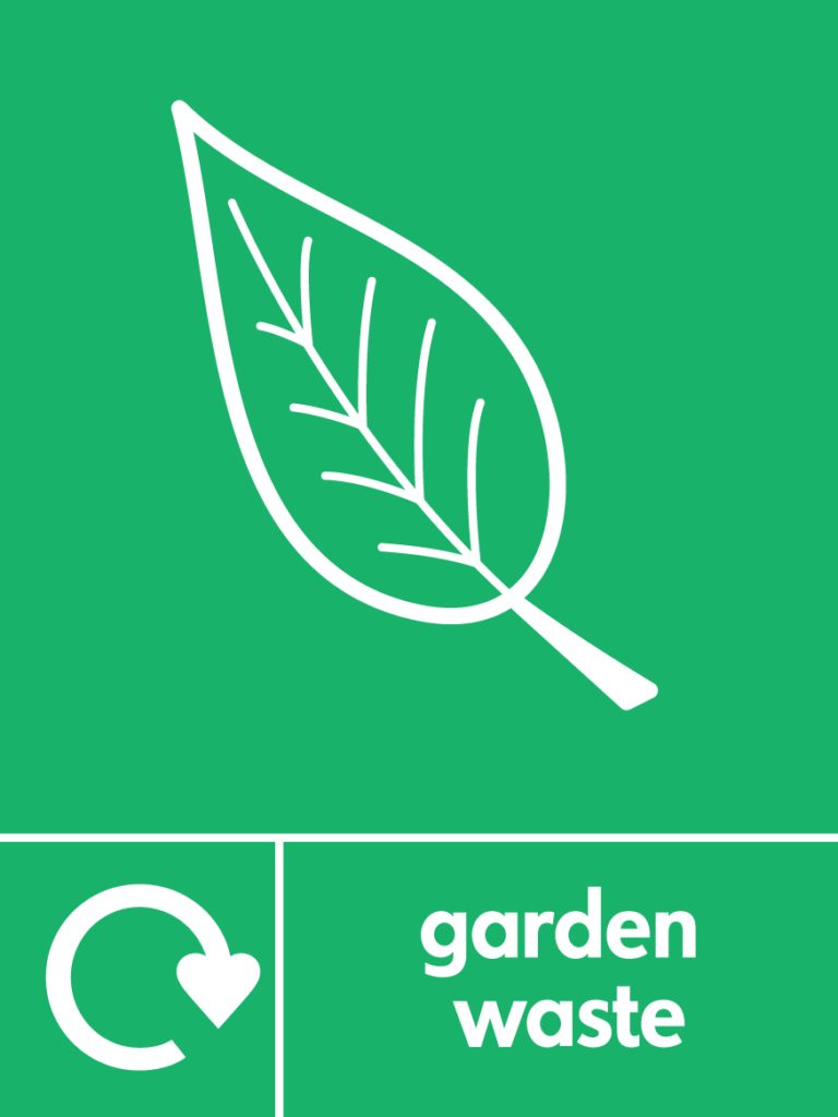 Green logo with a leaf and text saying garden waste