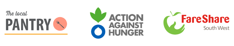 The local Pantry logo, Action Against Hunger logo, FareShare South West logo