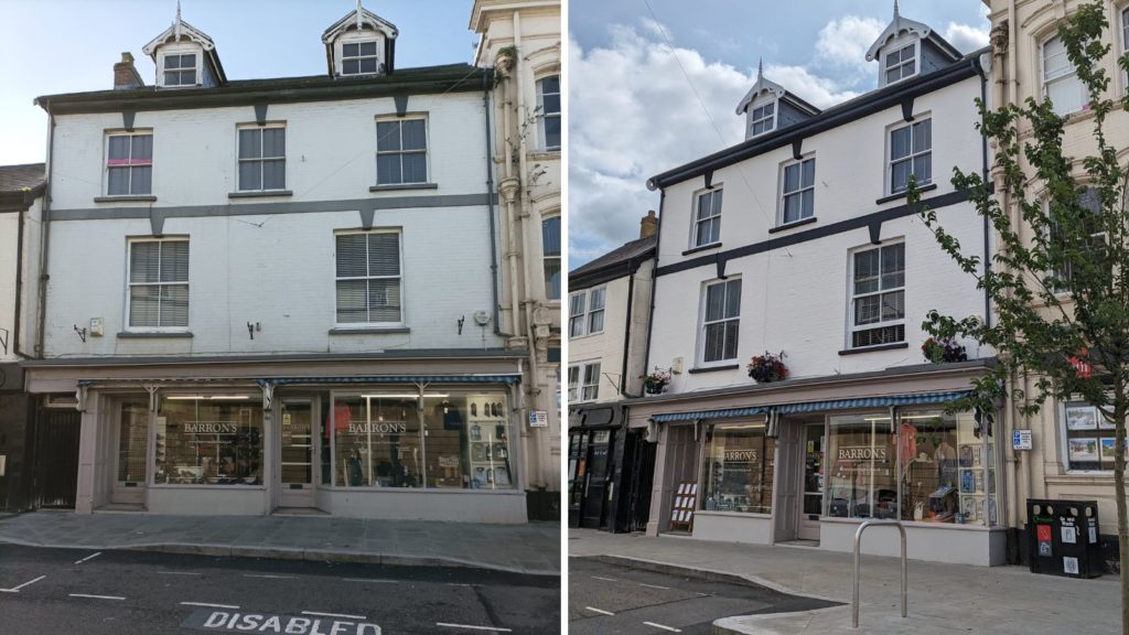 A before and after photo of the shop 'Barrons' in Chard town centre.
