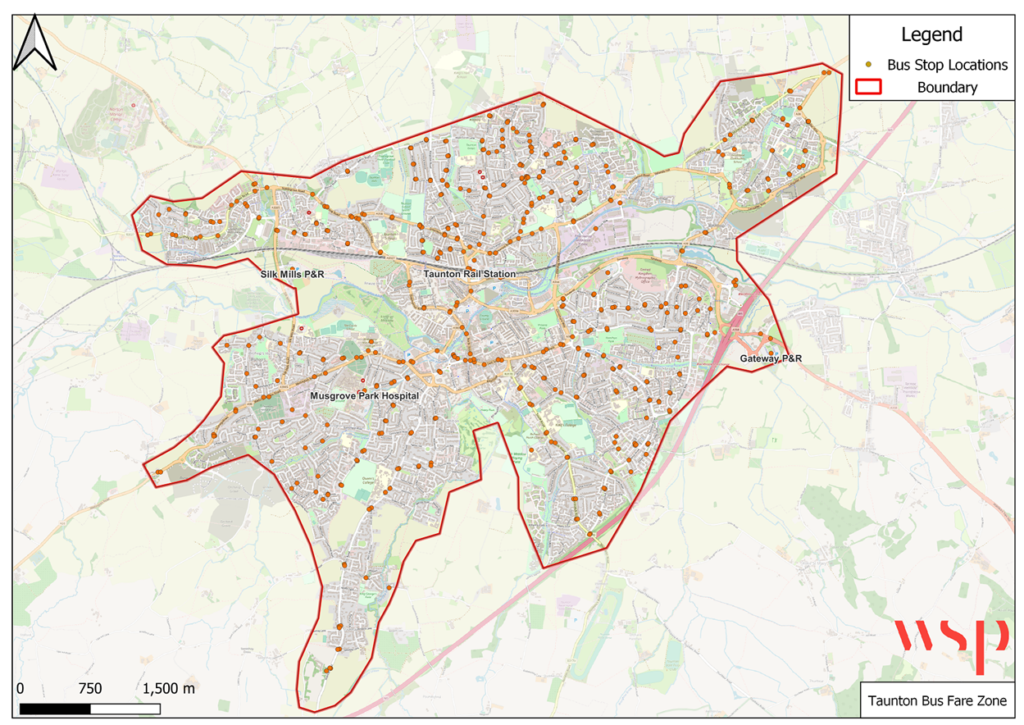 Map of bus stop locations within the Taunton bus fare zone. There is a boundary drawn around the town of Taunton, and there are markers in the locations of the bus stops across the town.