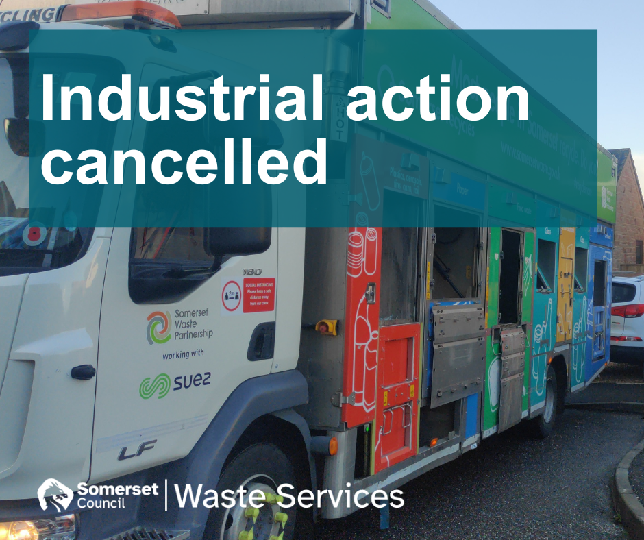 Photo of a recycling truck with text saying: Industrial action cancelled