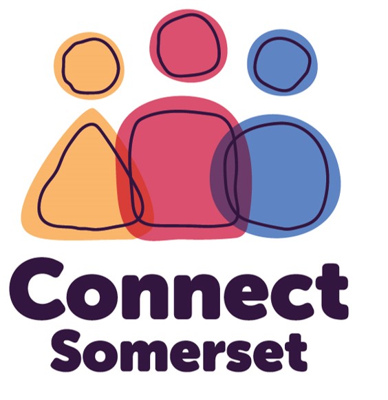 Connect Somerset logo which is three abstract portrayals of humans. Yellow, pink and blue. 'Connect Somerset' wording below.