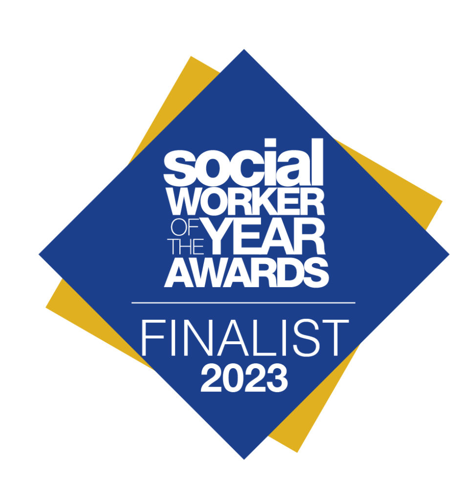 Social worker of the year awards logo. Blue and yellow squares at an angle with wording that reads: social worker of the year awards finalist 2023.