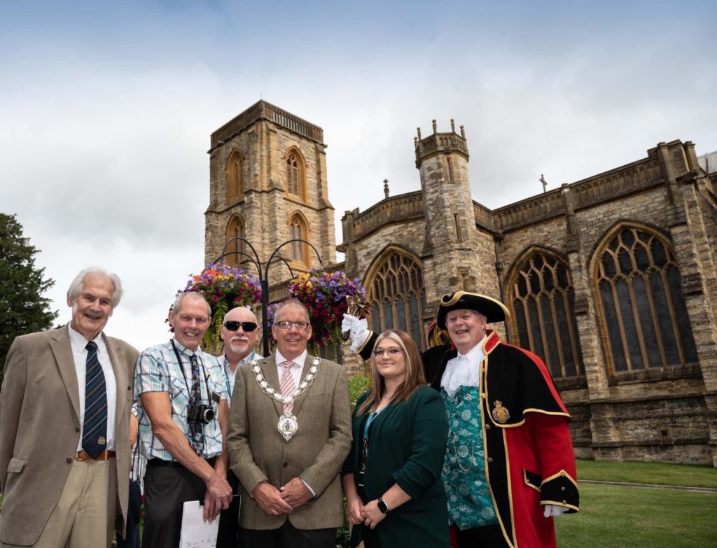 Yeovil in Bloom and Bloom judge stood outside St John's Church, Yeovil.