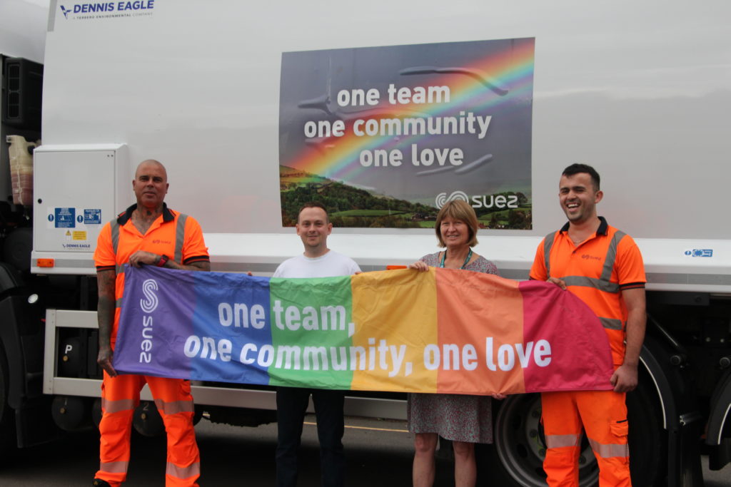 Representatives from Suez, Taunton Pride and Somerset Council stand in front of the collection truck