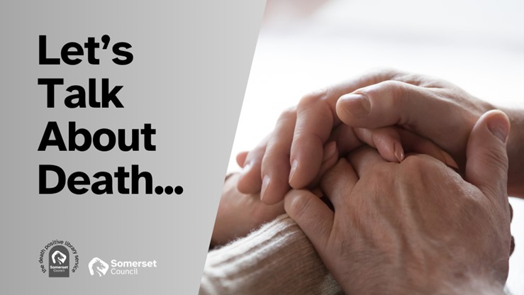 graphic of clasped hands with message let's talk about death