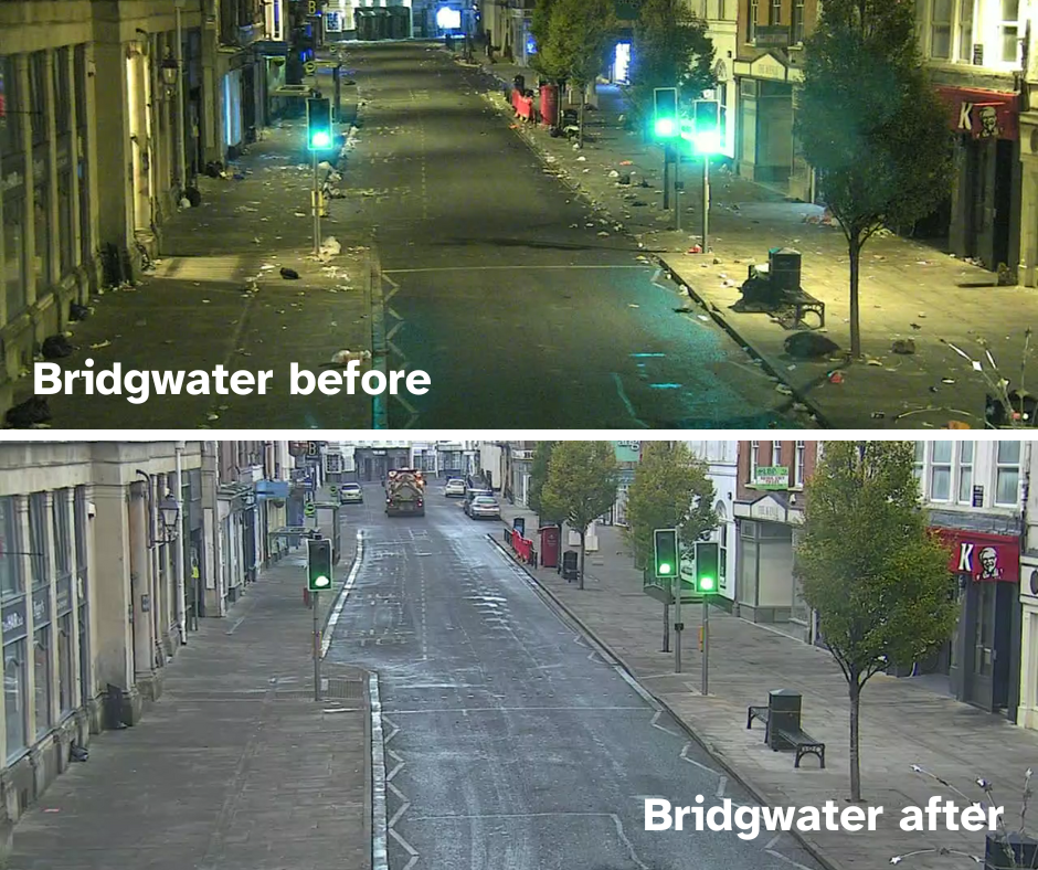 CCTV shot of a street in Bridgwater before and after the clean up following carnival night 2022.