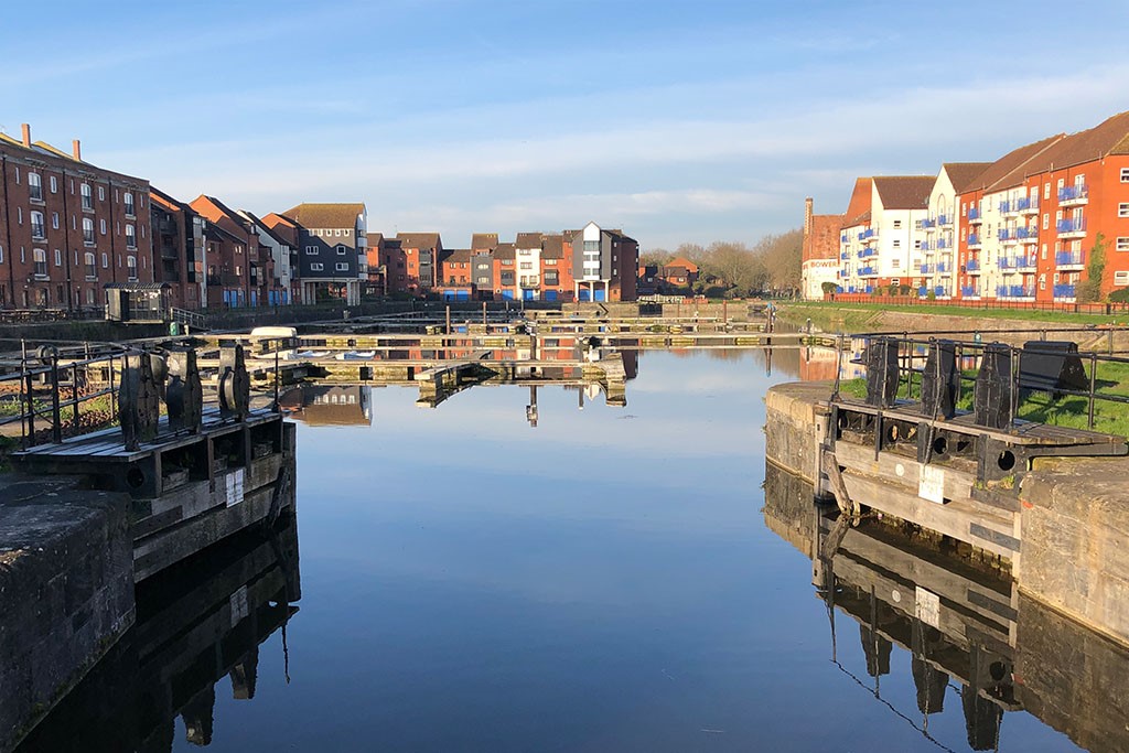 Bridgwater Docks, view of water and surrounding buildings