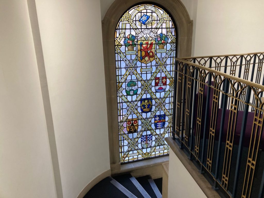 A Block, County Hall, stained glass window on the stairwell
