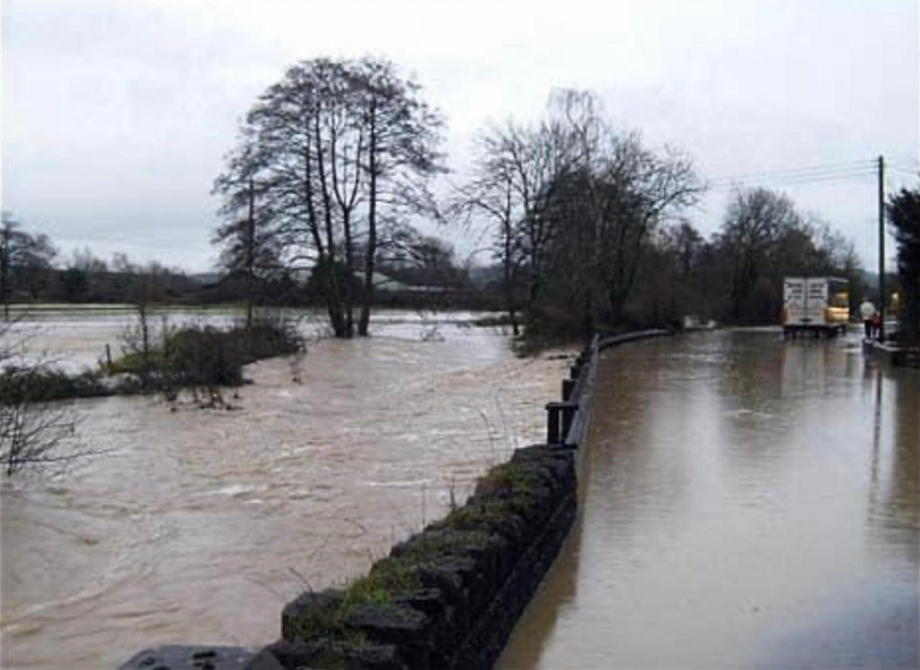 A heavily flooded road and field at Donyatt, Somerset.