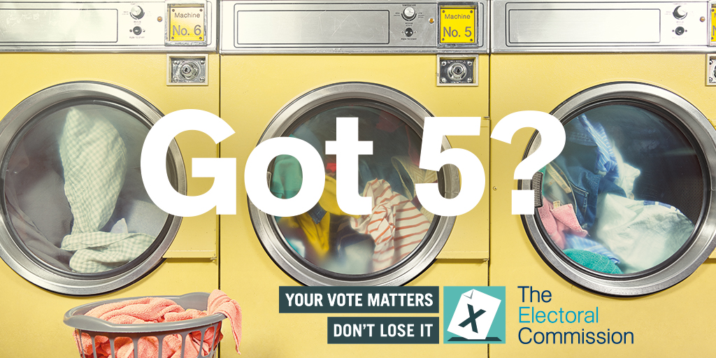 Graphic of a laundrette asking if you have five minutes to spare to register to vote