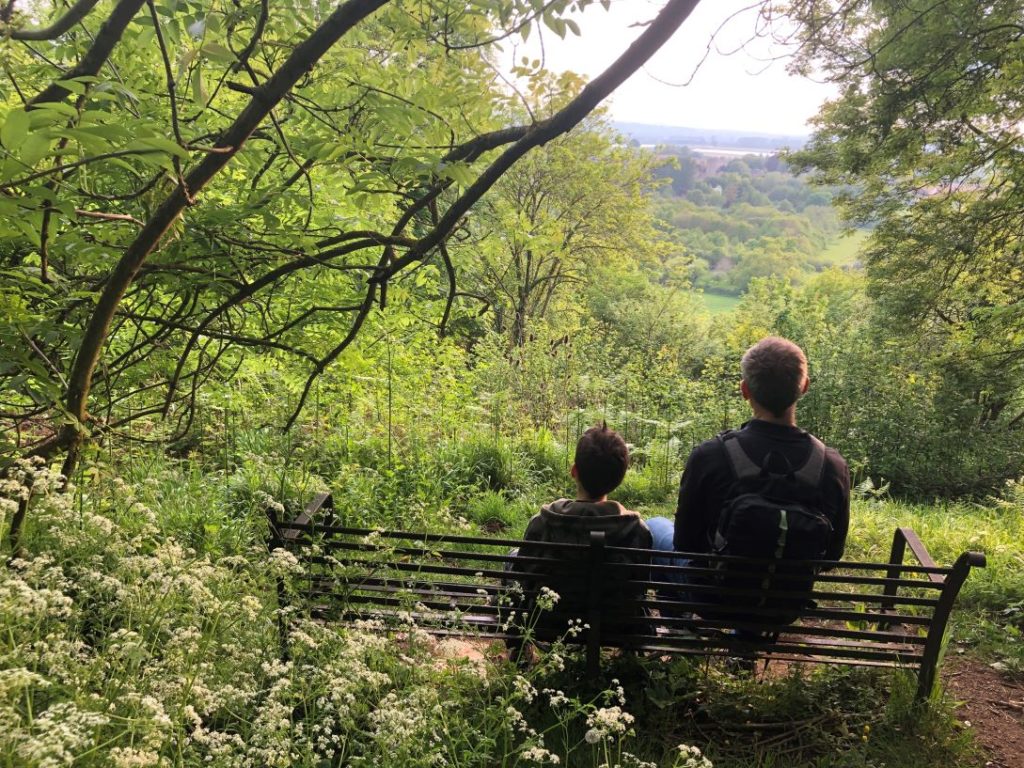 Ham Hill, man and child sitting on bench