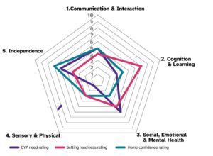 Example of a pupil profile. It is formed of 10 pentagons of progressively larger size and the numbers one to ten assigned to each one. There are three lines marking CYP need rating, Setting readiness rating and Home confidence rating. Each of these lines is connected to a level for each of the five points. The five points of the pentagon are named; 1 Communication and interaction. 2 Cognition and learning. 3 Social emotional and mental health. 4 sensory and physical. 5 independence. 