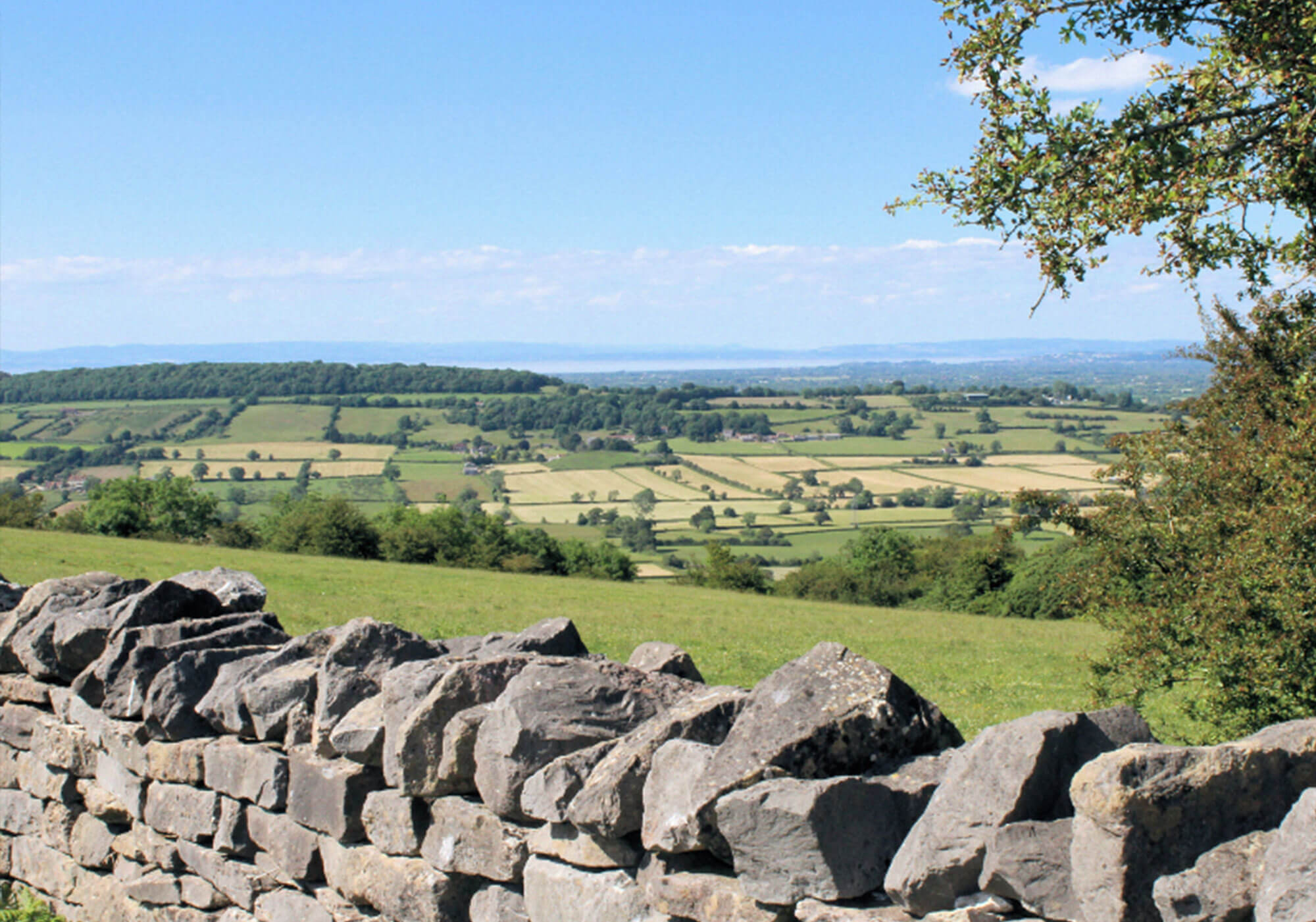 Photograph of a stone wall with a view of Somerset fields in the distance.