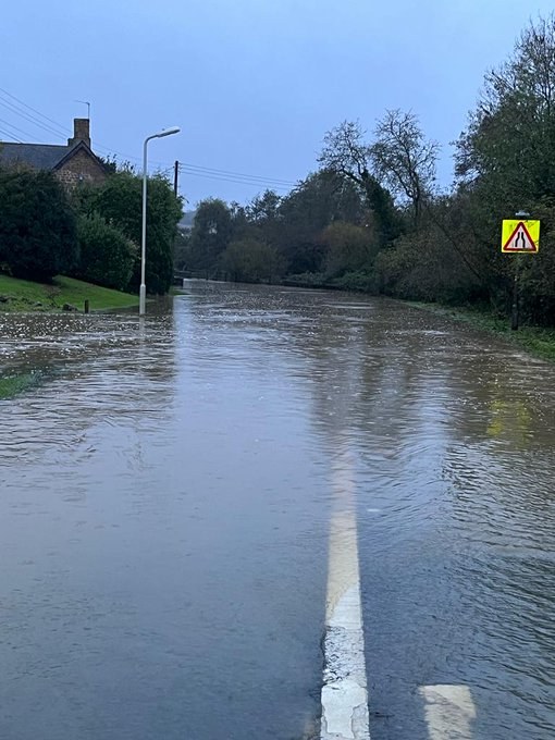 Flooded rural road in Somerset