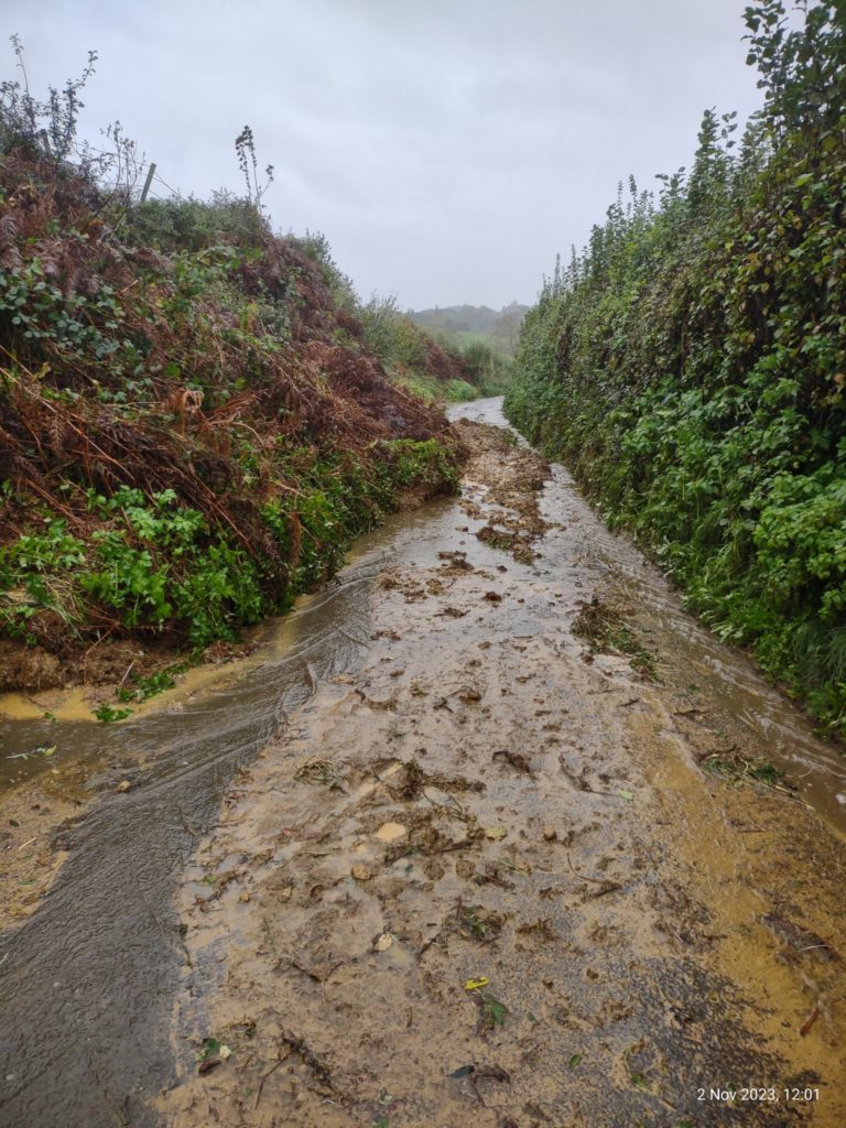 Landslip on country lane after Storm Ciaran