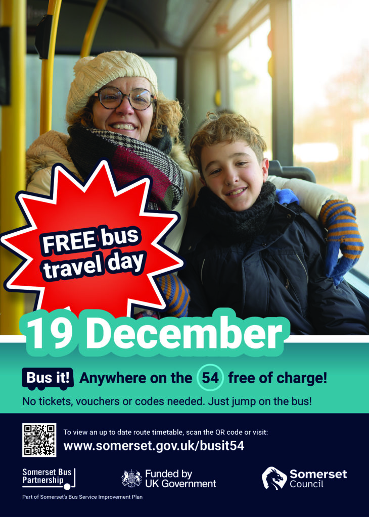 Flyer showing two people on a bus with details of the Bus It campaign