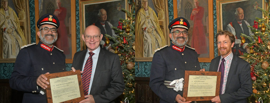 Brigadier Nigel Beacom QVRM TD VR with Lord-Lieutenant, Mohammed Saddiq (left) and Justin Sargent OBE with Lord-Lieutenant, Mohammed Saddiq (right).