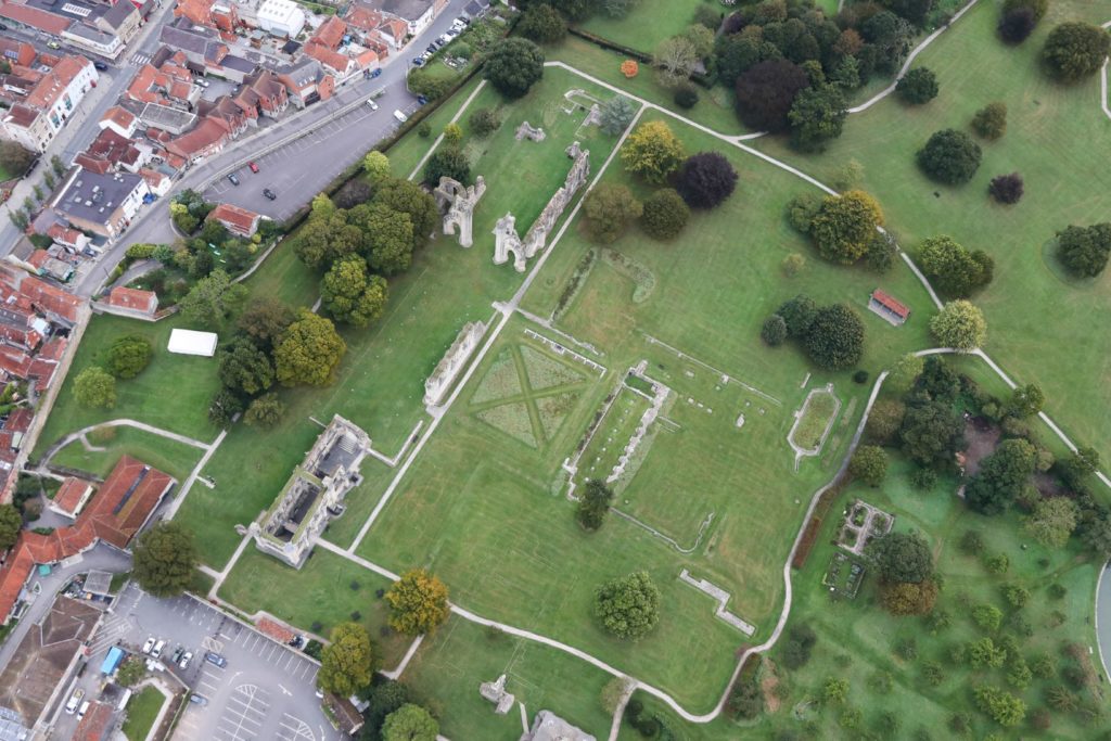 Glastonbury Abbey, aerial shot of the grounds