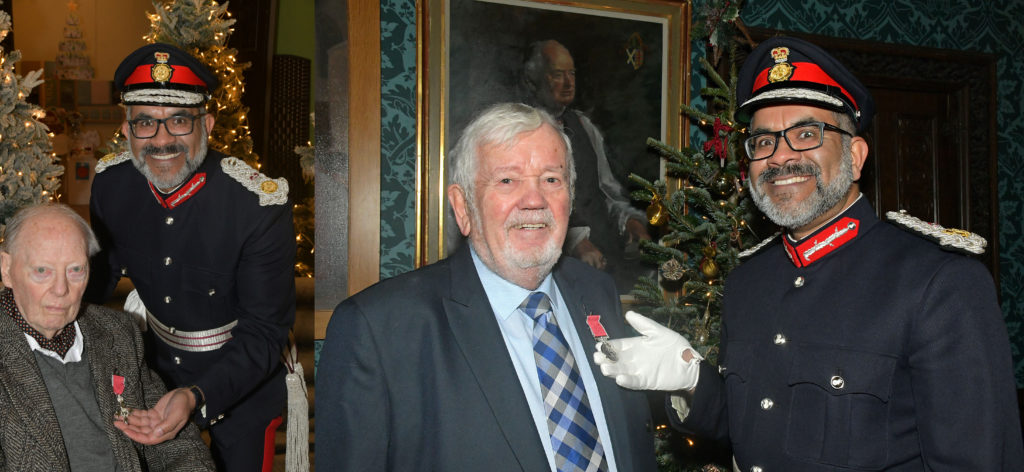 John Bishton and Christopher Rutt receiving their honours from the Lord-Lieutenant of Somerset, Mohammed Saddiq.