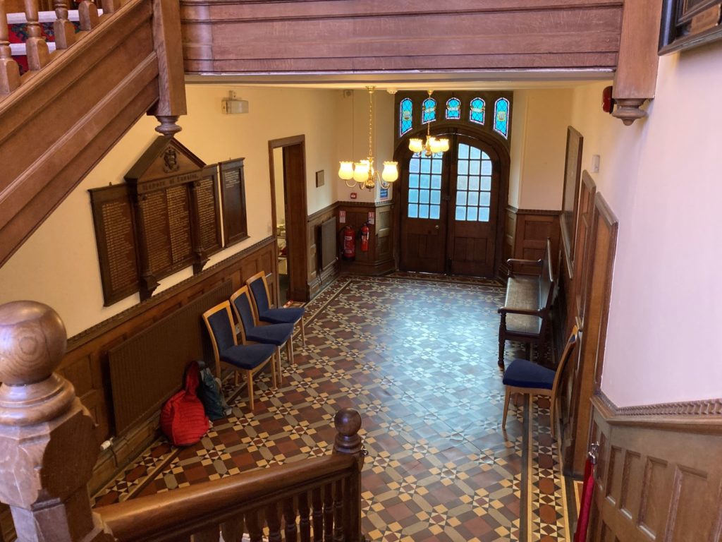 The Old Municipal Buildings, Taunton, photographic taken from staircase towards the hallway and entrance