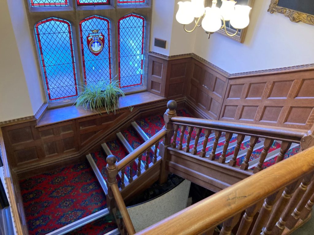 The Old Municipal Buildings, Taunton, staircase and stained glass window