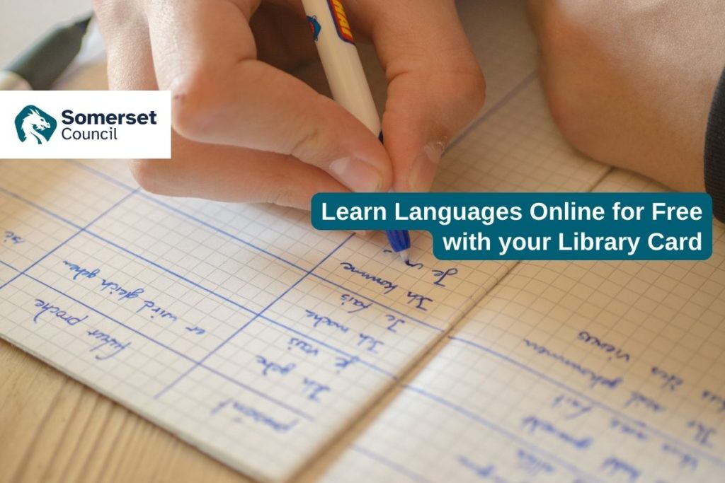 Learn Languages Online for Free with your Library Card image with someone writing using a pen