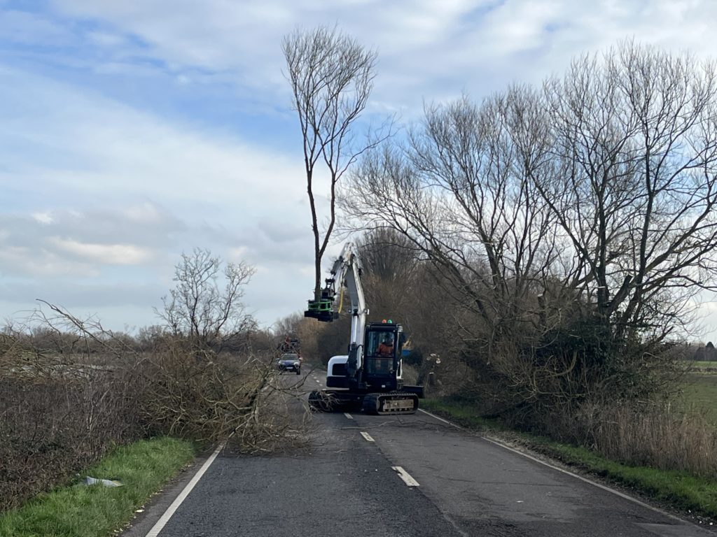 Digger on a road removing tree branch