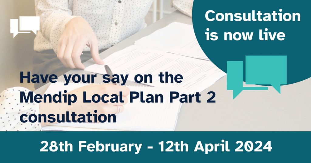 Social graphic featuring hands completing a questionnaire, captioned: 'Have your say on the Mendip Local Plan Part 2 Consultation'.