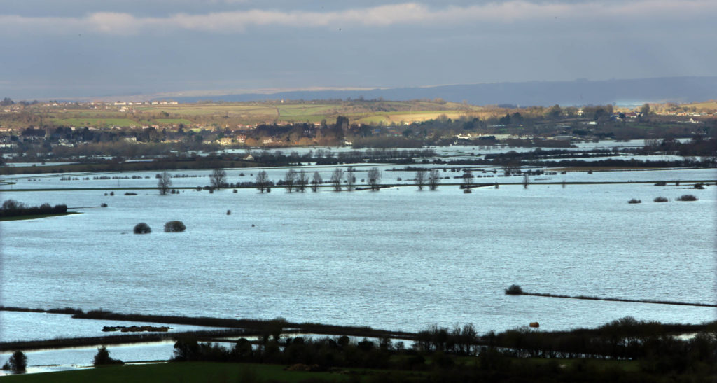 A scene showing extreme flooding across the Somerset Levels