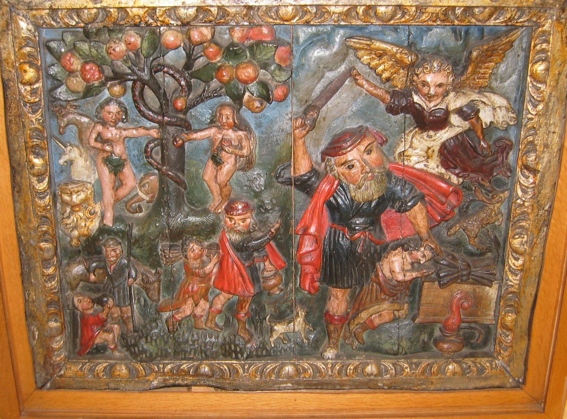 Painted panel showing an angel and a tree
