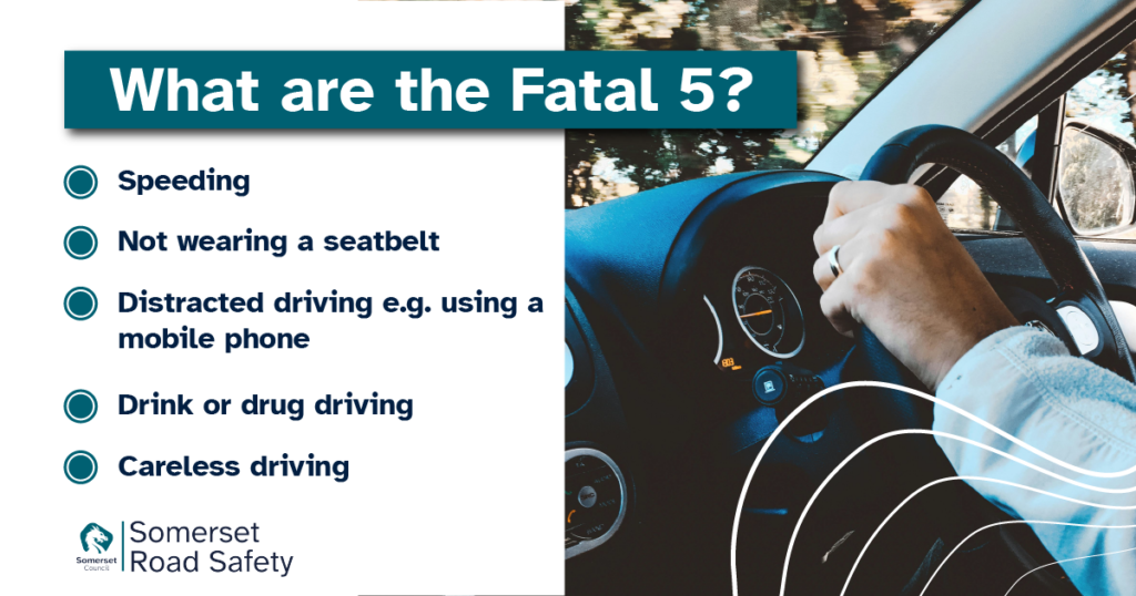 Somerset Road Safety graphic featuring a hand on a steering wheel of a car, captioned: 'What are the Fatal 5?'